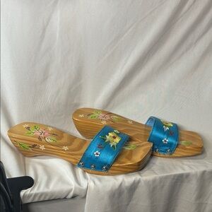 Floral Embroidered Blue Wooden Sandals size 7.5-8